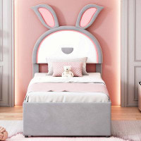 Zoomie Kids Full Size Upholstered Platform Bed With Trundle And 3 Drawers, Rabbit-Shaped Headboard With Embedded LED Lig