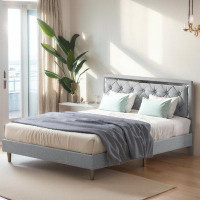 Winston Porter Winston Porter King Size Bed Frame, Upholstered Mattress Frame With Adjustable Headboard, Thin Velvet Bed