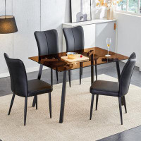 Ivy Bronx One Table And 4 Light Grey PU Chairs. Rectangular Tea Brown Glass Dining Table, Tempered Glass Tabletop And Bl