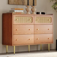 Mercer41 6-Drawer Dresser Chest: Stylish Floor Storage Cabinet with Rattan Accents