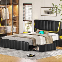 Ivy Bronx Queen Bed Frame With Headboard And 4 Storage Drawers, Platform Bed Frame Queen Size With Led Light & 2 Usb Por