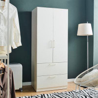 Latitude Run® Two-Door Wood Closet with Two Drawers and Hanging Bars in White