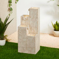 Ivy Bronx 34.00"H Mid-Century Modern 4-Tier Faux Terrazzo Geometric Square Column Polyresin Outdoor Floor Fountain With