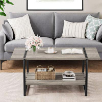 17 Stories 2-Tier Modern Industrial 41'' Large Wood Coffee Table with Storage Shelf