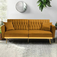 Everly Quinn Everly Quinn 70” Velvet Futon Sofa Bed With Adjustable Armrests And 2 Pillows, Convertible Futon Couch, Gin