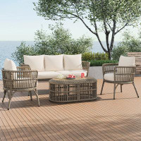 Bay Isle Home™ 4-Piece Rattan Outdoor Patio Conversation Set with Seating Set for 5 and Coffee Table for Porch