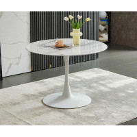 Ivy Bronx 42.1"WHITE Table Mid-Century Dining Table For 4-6 People With Round Mdf Table Top, Pedestal Dining Table, End