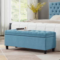 Alcott Hill Upholstered Tufted Button Storage Bench ,Linen Fabric Entry Bench With Spindle Wooden Legs, Bed Bench- Light