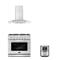 Cosmo 3 Piece Kitchen Package With 36" Freestanding Gas Range 36" Wall Mount Range Hood & 5.5L Electric Hot Air Fryer