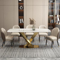 Everly Quinn Modern simple rock plate dining table Modern rectangular stainless steel dining table set