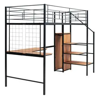 17 Stories Metal Loft Bed With Desk And Metal Grid