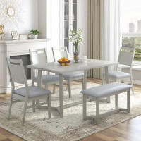 Red Barrel Studio Farmhouse 6-Piece Wood Dining Table Set with 4 Upholstered Chairs and Bench