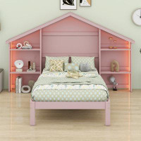 Latitude Run® Wood Full Size Platform Bed With House-Shaped Storage Headboard And Built-In LED