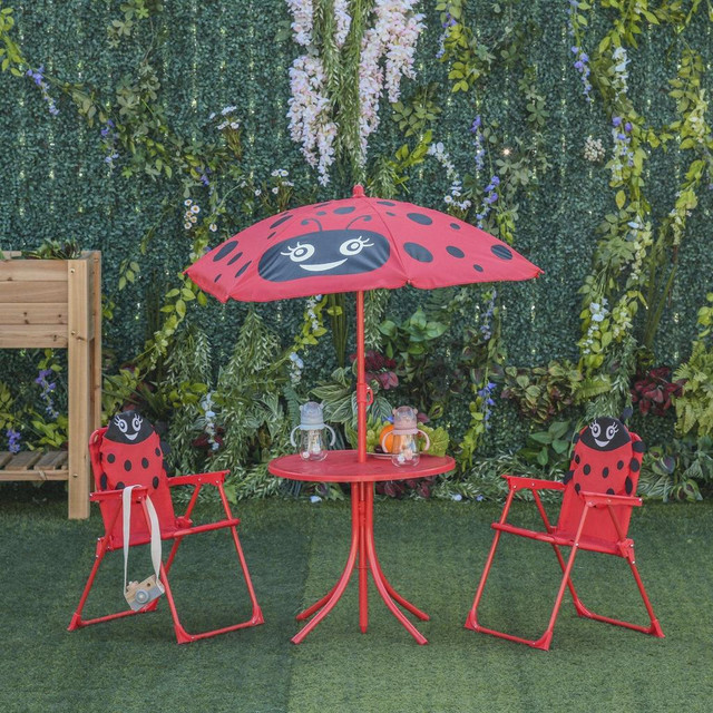 KIDS FOLDING PICNIC TABLE AND CHAIR SET PATTERN OUTDOOR GARDEN PATIO BACKYARD WITH REMOVABLE &amp; HEIGHT ADJUSTABLE SUN in Toys & Games