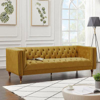 House of Hampton Evelyn Mid Century Modern Green Velvet Luxury Chesterfield Sofa