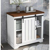 Gracie Oaks Bathroom Storage Cabinet, Freestanding Accent Cabinet, Sliding Barn Door, Thick Top, Adjustable Shelf, White