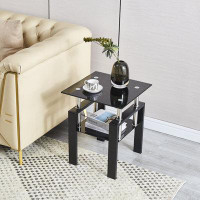 Wrought Studio Tempered Black Glass Sofa Table, 2-layers End Table With Storage, Living Room Side Table