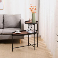 17 Stories Side Table for Living Room Black Metal Frame with Wood & PU Tray End Tables