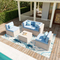 Rosecliff Heights Outdoor sectional 5-piece wicker sofa in warm grey, w 4 stripe pillows, denim blue cushions elegant pa