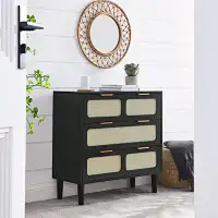 Ebern Designs modern rattan dresser cabinet with wide drawers and metal handles