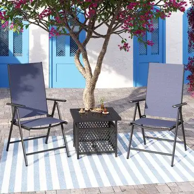 Lark Manor 3 Piece Outdoor Patio Dining Set With Slingfolding Portable Chairs With Reclining Function,Navy Blue