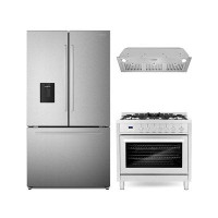 Cosmo 3 Piece Kitchen Package With 30" Freestanding Gas Range 30" Insert Range Hood & French Door Refrigerator