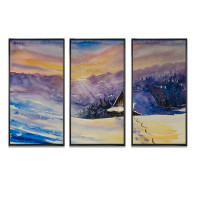 August Grove Purple Sunset Cottage Covered With Snow - Traditional Framed Canvas Wall Art Set Of 3