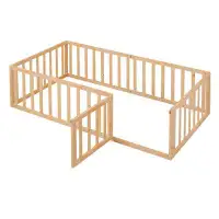 Red Barrel Studio Twin Size Wood Floor Bed Frame With Fence And Door