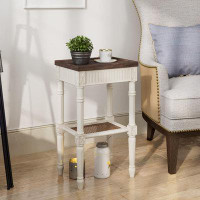 Rubbermaid Rustic Farmhouse Accent End Table, Distressed Accent Side Table With Espresso Tray Top And Woven Wicker Shelf