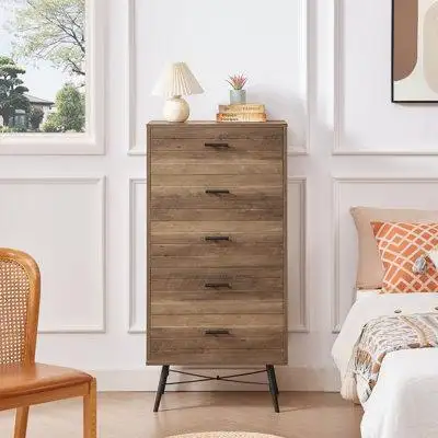 Millwood Pines Spacious 5-drawer Chest - Stylish Dresser For Bedroom, Closet, Hallway, 23.6"w X 15.7"d X 48"h, Rustic Wa