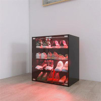 Rebrilliant 4 Layers Black Shoe Cabinet With Glass Door And Glass Layer Shoes Display Cabinet With LED Light Bluetooth C
