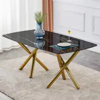 Mercer41 Large Modern Minimalist Rectangular Glass Dining Table 0.39" Fibertempering Glass Imitation Marble Black Deskto