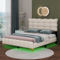 Wrought Studio Caloundra Queen Size Velvet Platform Bed With LED Frame And Stylish Bed Legs