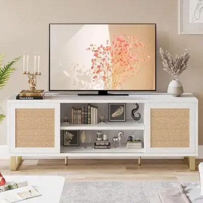 Bayou Breeze Rattan TV Stand For 65-Inch TV, White Entertainment Centre Modern TV Console Table With Storage, Doors And
