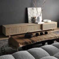 STAR BANNER Simple Nordic solid wood TV cabinet home retro rattan woven storage living room TV cabinet