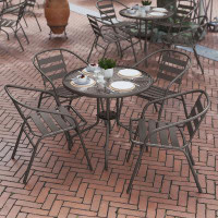 Wade Logan Amlie 31.5" Round Glass Metal Table with 4 Metal Aluminum Slat Stack Chairs