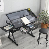 Inbox Zero Black Adjustable Tempered Glass Drafting Printing Table With Chair