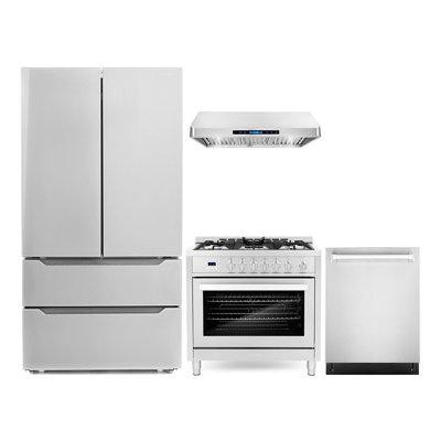 Cosmo Cosmo 4 Piece Kitchen Packages With 36" Freestanding Gas Range 36" Under Cabinet Range Hood 24" Built-in Integrate in Refrigerators