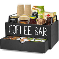 KOVOME Coffee Station Organizer With Drawer, Wooden Coffee Bar Accessories Organizer For Counter, Black