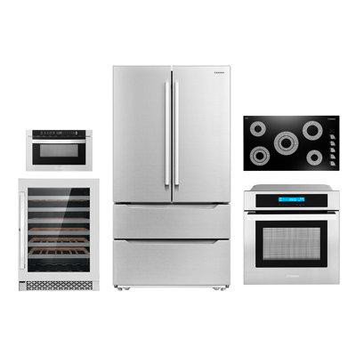 Cosmo 5 Piece Kitchen Package With 36" Electric Cooktop 24" Single Electric Wall Oven 24" Built-in Microwave Drawer  Sta in Refrigerators