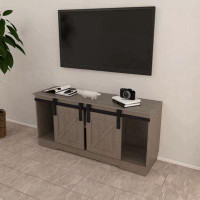 Gracie Oaks TV Stand With Sliding Barndoors In Rustic Gray