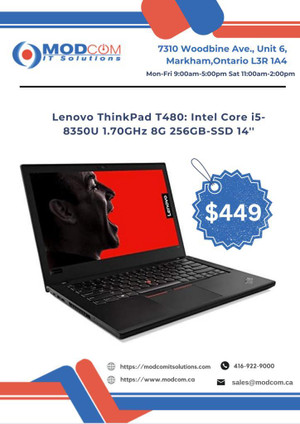 Lenovo ThinkPad T480 14-Inch Laptop OFF Lease FOR SALE!!! Intel Core i5-8350U 1.70GHz 8Gb RAM 256GB-SSDB-SSD Canada Preview