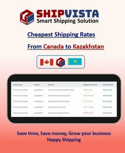 ShipVista provides the cheapest shipping rates from Canada to Kazakhstan. Whether you are an individ...