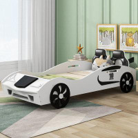 Zoomie Kids Twin Size Race Car-Shaped Platform Bed with Upholstered Backrest and Storage, White