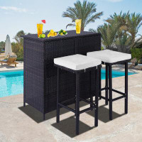 Arlmont & Co. -piece Pe Rattan & Steel Patio Bar Set: 1 Table & 2 Stools With Cushions - Brown & Beige