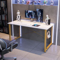 Mercer41 Modern Floor Mount Office Desk - White Marble + Gold Leg, Scratch Resistant