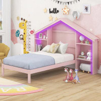 Harriet Bee Wood Platform Bed with House-shaped Storage Headboard and Built-in LED