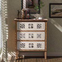 Bungalow Rose 3-Drawer Accent Dresser With Print Front, Distressed Nightstand For Boho, Retro Rustic, French Country Sty