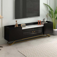 Mercer41 Sleek Design TV Stand With Fluted Glass, Contemporary Entertainment Centre For Tvs Up To 70", Faux Marble Top T