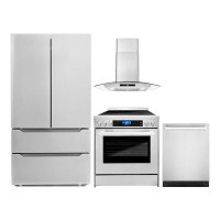 Cosmo 4 Piece Kitchen Package With 30" Freestanding Electric Range 30" Island Range Hood 24" Built-in Fully Integrated D